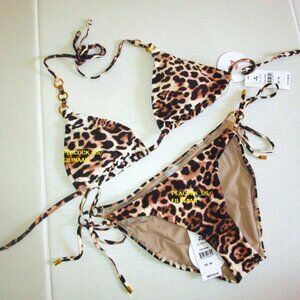 PQ SWIM Link Triangle Top & Rings Tie Bottom Bikini Set in Leopard MEDIUM M/M